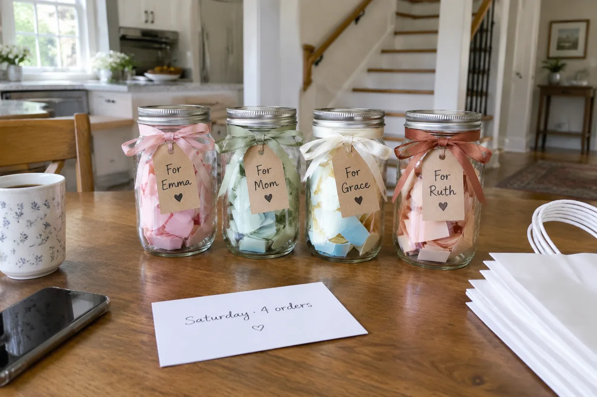 Four finished Bible promise jar orders with name tags on a kitchen table